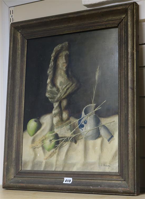 L. Goosens, oil on panel, still life of a bust and apples, signed, 49 x 38cm